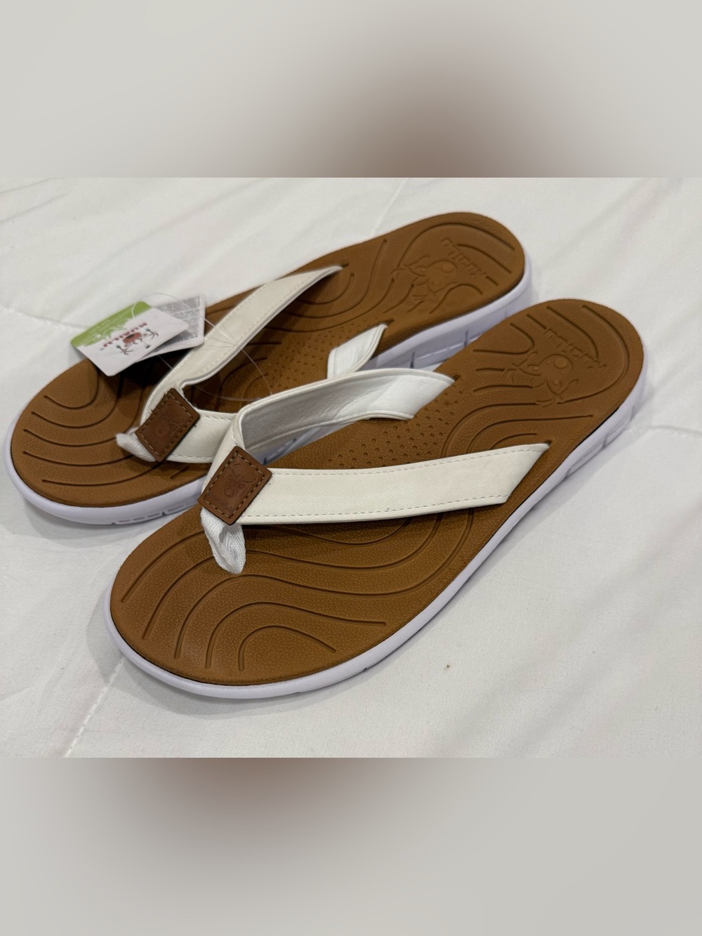 NWT KuaiLu Arch Support Flip Flops White Strap Brown Yoga Mat Sandal Size 10 - Picture 2 of 4